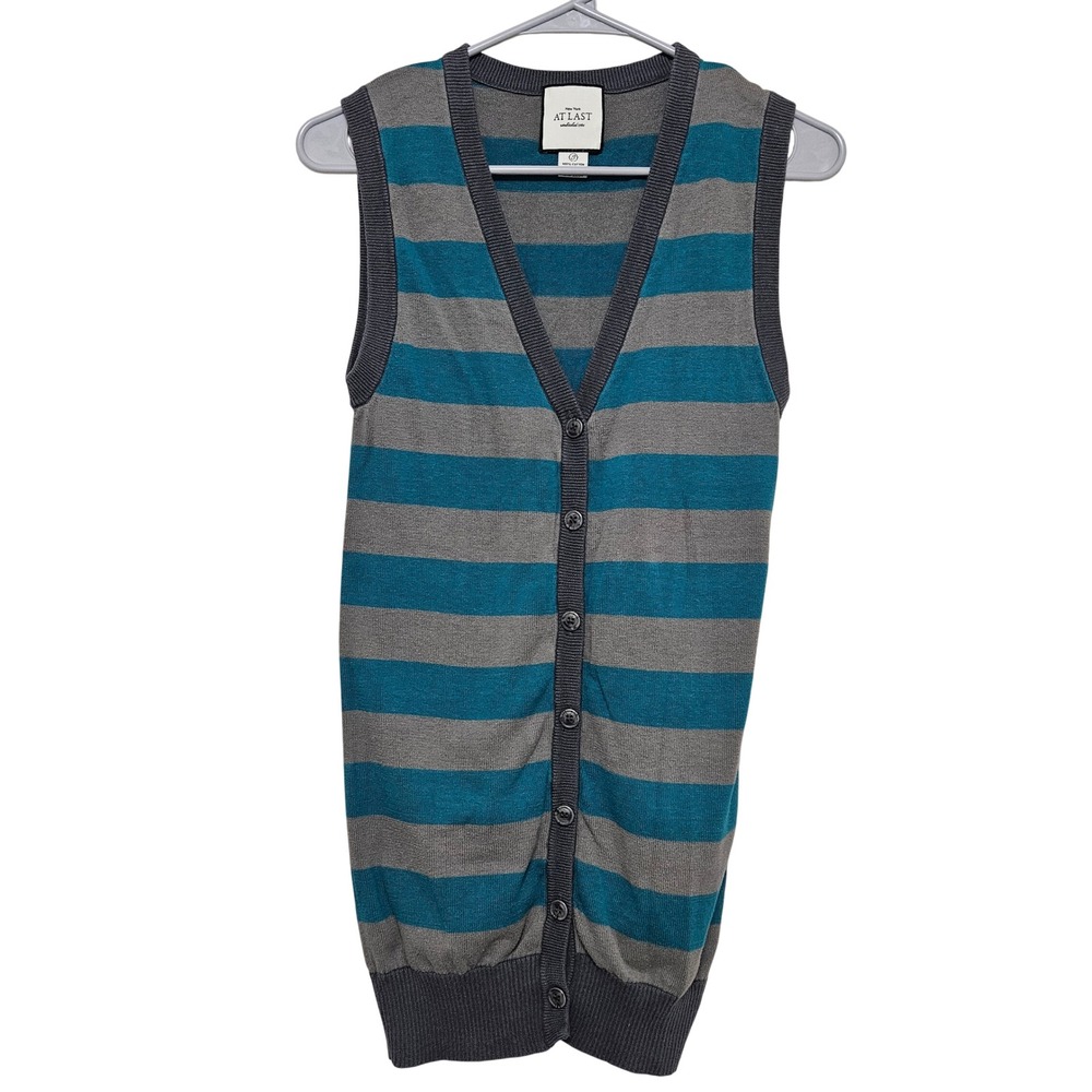 At Last New York Striped Sleeveless Sweater Vest Academic Quiet Luxury S - Picture 2 of 6